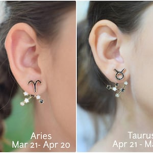 Model showcasing unique Zodiac Sign Ear Jackets. Front features a detailed zodiac sign, while the back dangles with a constellation of sparkling stars. Hypoallergenic and nickel-free, these earrings add a touch of celestial charm to any outfit.