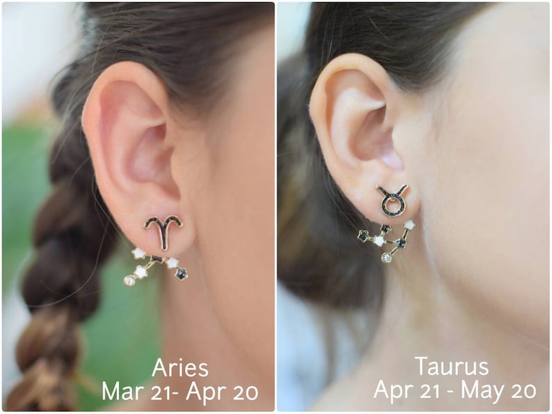 Model showcasing unique Zodiac Sign Ear Jackets. Front features a detailed zodiac sign, while the back dangles with a constellation of sparkling stars. Hypoallergenic and nickel-free, these earrings add a touch of celestial charm to any outfit.