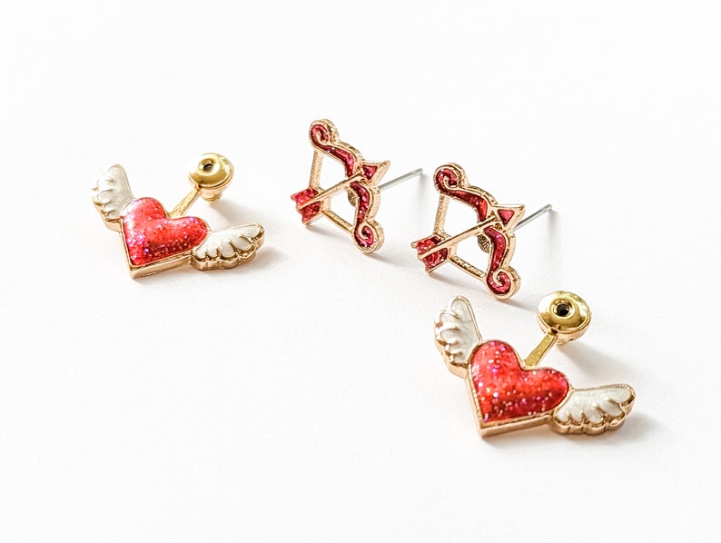 Bow and Arrow earrings. Cupid's Arrow Earrings. Heart Earrings. Cupid Earrings. Heart with wings Earrings. Valentine's Earrings. Fun earring image 3