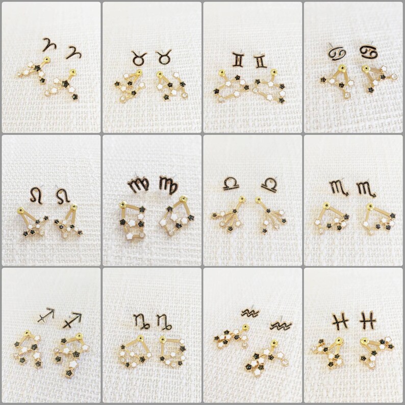 Unique Zodiac Sign Ear Jackets displayed on a white background. Each earring pairs a distinctive zodiac sign at the front with a constellation of twinkling stars at the back. Made with hypoallergenic and nickel-free materials.