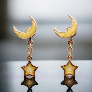 Crescent Moon & Star FrontBack Earrings Unique Starry Night Ear Jackets Hypoallergenic Nickel Free Studs Fun FrontBack Moon Star Earrings. Yellow moon +1 star