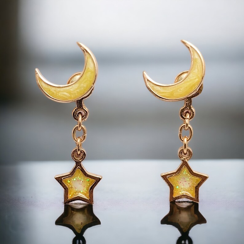 Crescent Moon & Star FrontBack Earrings Unique Starry Night Ear Jackets Hypoallergenic Nickel Free Studs Fun FrontBack Moon Star Earrings. Yellow moon +1 star