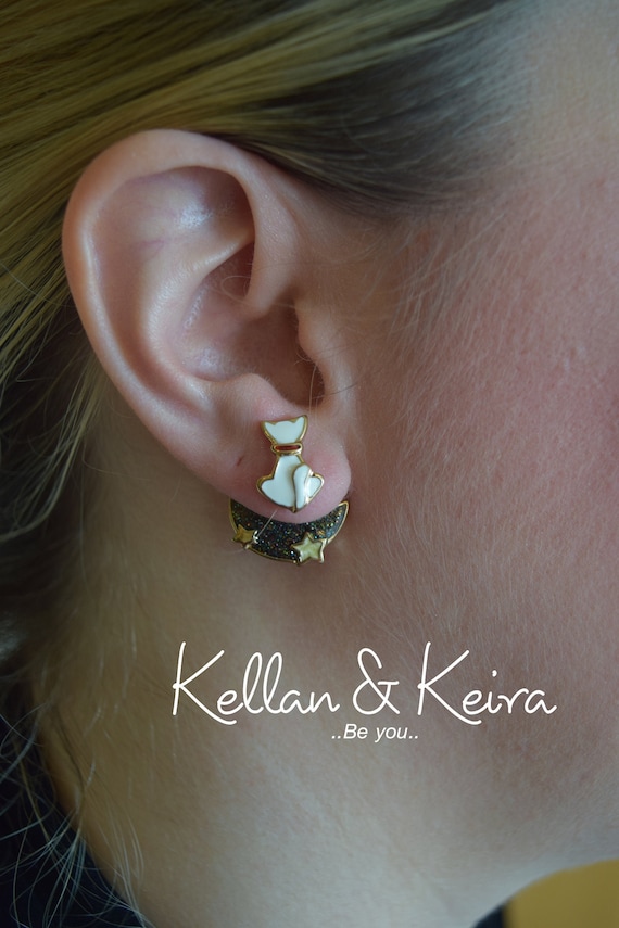 Enamel Cat on Moon Earrings, Stainless Steel Post, Cat Lover Gift
