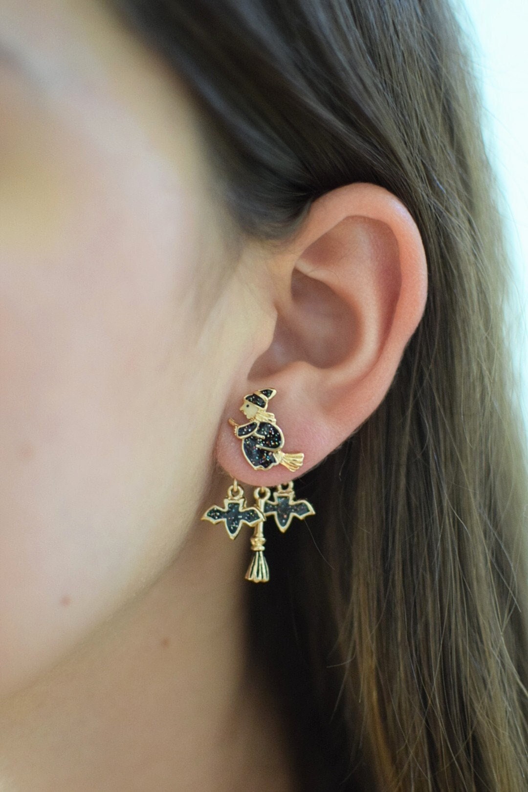 Enchanted Black Witch & Bats Frontback Earrings Enamel Halloween Ear