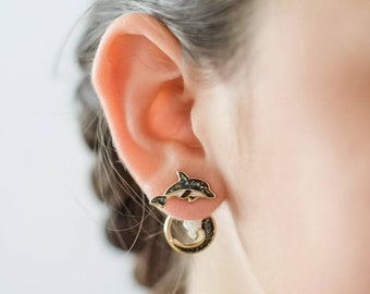 Dolphin Earrings. Dolphin and Ocean earrings. Dolphin Ear Jackets. Pink Dolphin Earrings. Black Dolphin Earrings. Blue Dolphin Earrings.