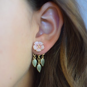 Pink Cherry Blossom Studs with Dangling Green Leaves Front Back Style Hypoallergenic Nickel Free Ear Jackets Playful and Stylish Jewelry.