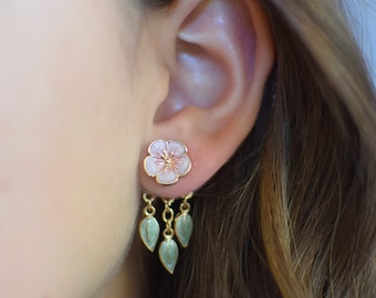 Pink Cherry Blossom Studs with Dangling Green Leaves Front Back Style Hypoallergenic Nickel Free Ear Jackets Playful and Stylish Jewelry.