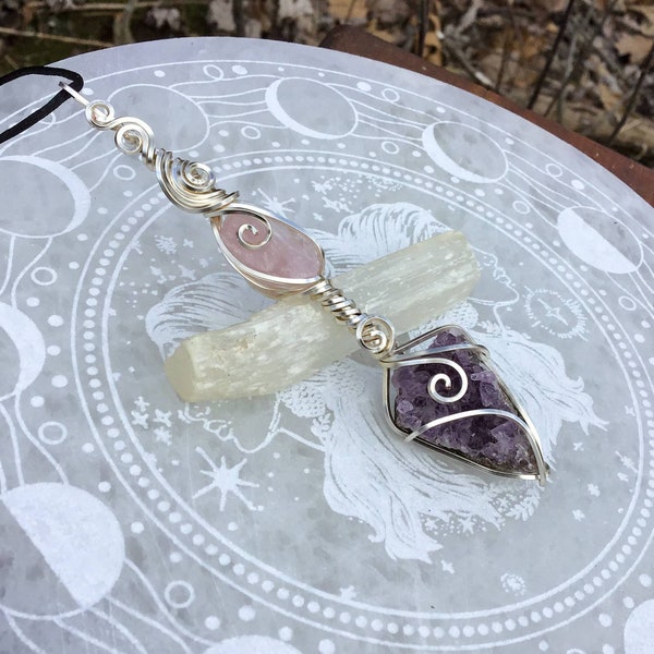 Amethyst Pendant, Rose Quartz, Raw Crystal Jewelry, Wiccan Necklace, Wire Wrapped, Healing Crystals, Goddess Jewelry, Heart Chakra, Witchy