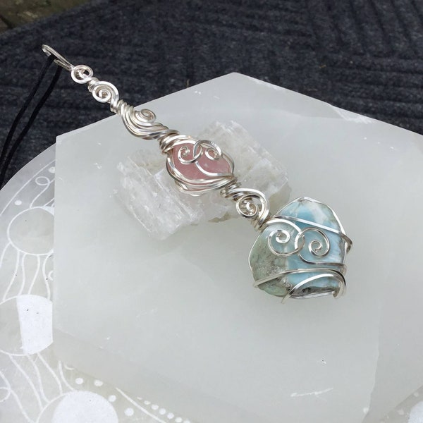 Rose Quartz, Larimar Pendant, Wire Wrapped, Raw Crystal Jewelry, Crystals For Anxiety, Boho Necklace, Gifts For Her, Chunky Stone Jewelry