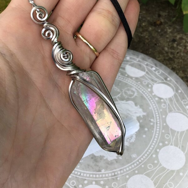 Angel Aura Quartz, Raw Crystal Jewelry, Witchy Pendant, Healing Crystals, Gifts For Her, Wiccan Necklace, Crown Chakra, Goddess Jewelry