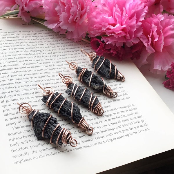 Black Kyanite, Witchy Pendant, Wire Wrapped, Boho Necklace, Raw Crystal Jewelry, Grounding Stones, Empath Protection, Wiccan Necklace