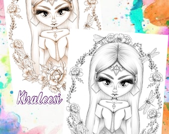 The Darling Collection -Khaleesi-Greyscale Black and white  digital colouring page