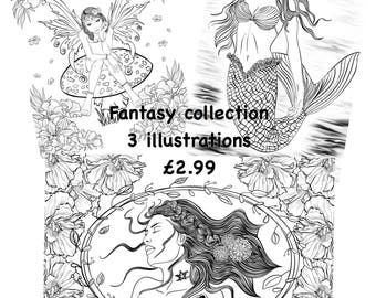Fantasy adult colouring pages triple pack, digital download printable pages