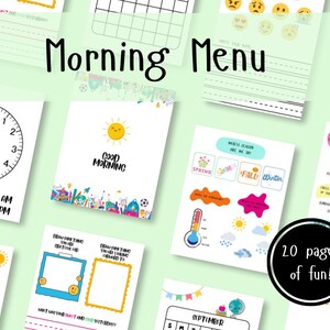 May include: A printable set of 20 pages of educational activities for kids. The pages include a clock, calendar, weather chart, and other activities. The pages are decorated with colorful illustrations of a sun, a globe, and other objects.