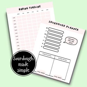 May include: A printable sourdough planner with a baking timeline, starter and discard recipe sections, and a space to list recipes for the week. The planner has a black and white design with a pink background.