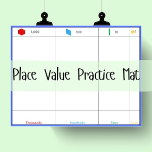 May include: A place value practice mat with a grid divided into four sections labelled "Thousands", "Hundreds", "Tens", and "Ones". The top row of the grid shows a red hexagon with the number 1,000, a blue diamond with the number 100, a green line with the number 10, and a yellow cube with the number 1.