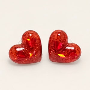 Red Glitter Resin Heart Stud Earrings