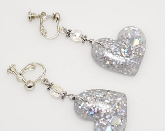 Clip-On ResinHeart Dangle Oorbellen met holografische glitter