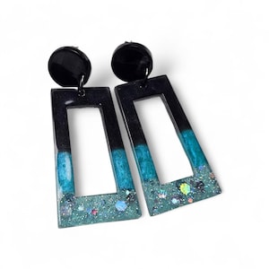 Black and Turquoise Rectangular Resin Dangle Stud Earrings with Holographic Glitter
