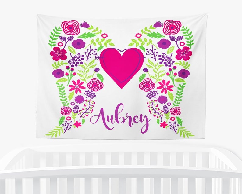 Baby Girl Name Above Crib Wall Decor Angel Wing Girl Name Shower Photography Backdrop Baby Girl Shower Banner Angel Wing Flower Tapestry