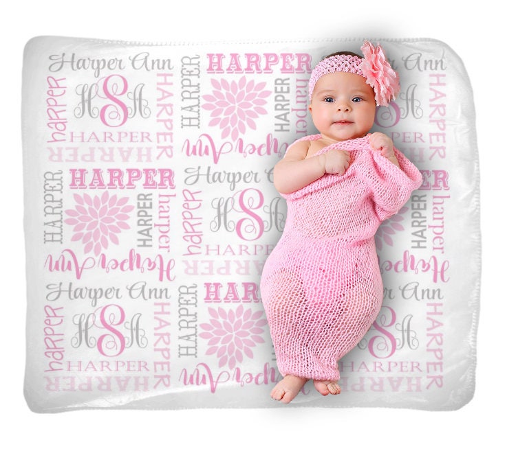 Baby Girl Name Blanket Swaddle Initial Blanket Pink Gray Etsy