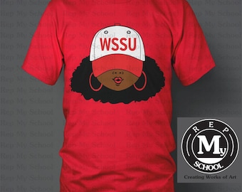 May include: Red t-shirt with a black and white illustration of a woman wearing a white and red baseball cap with the text "WSSU". The logo "REP MY SCHOOL" is in a black circle with white text.