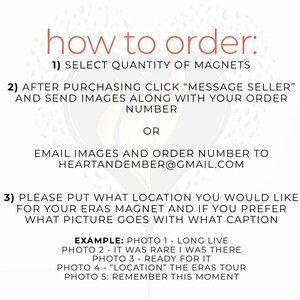 May include: Instructions on how to order custom magnets. After purchasing, contact the seller with images and order number. Include the location and caption for each image.