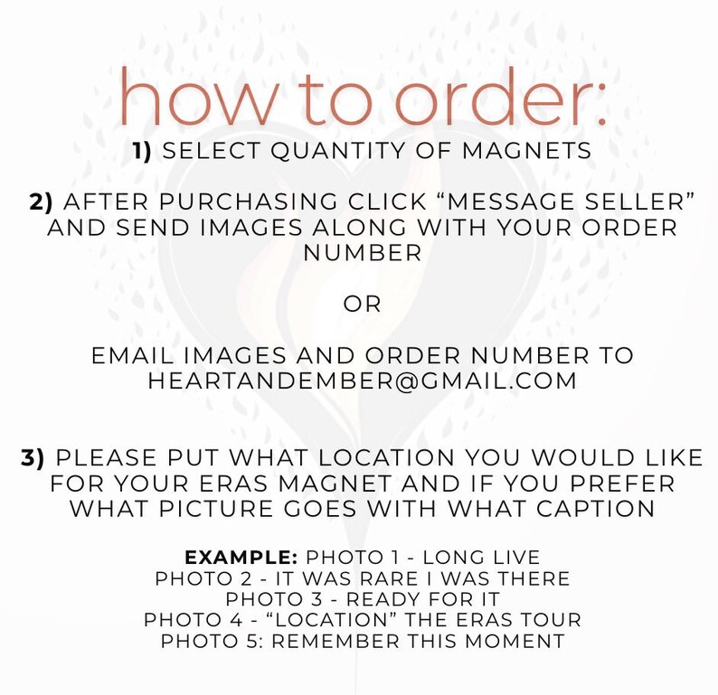 May include: Instructions on how to order custom magnets. After purchasing, contact the seller with images and order number. Include the location and caption for each image.