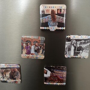 May include: Five square fridge magnets with photos and text. The magnets are decorated with colorful beads. The text on the magnets reads "Remember This Moment", "Ready For It", "It Was Rare I Was There", "Indianapolis 2023 Tour", and "Long Live".