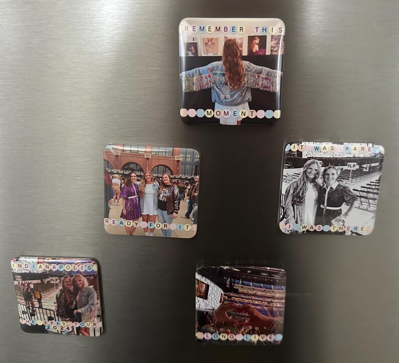 May include: Five square fridge magnets with photos and text. The magnets are decorated with colorful beads. The text on the magnets reads "Remember This Moment", "Ready For It", "It Was Rare I Was There", "Indianapolis 2023 Tour", and "Long Live".