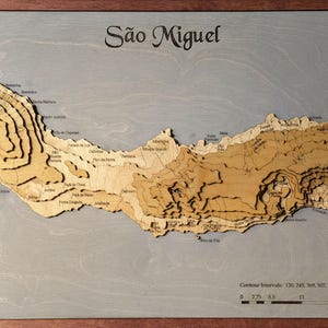 May include: A wooden relief map of São Miguel Island in the Azores, Portugal. The map features detailed contour lines and labels for various locations on the island. The map is framed in a dark wood frame and has a compass rose in the lower left corner.