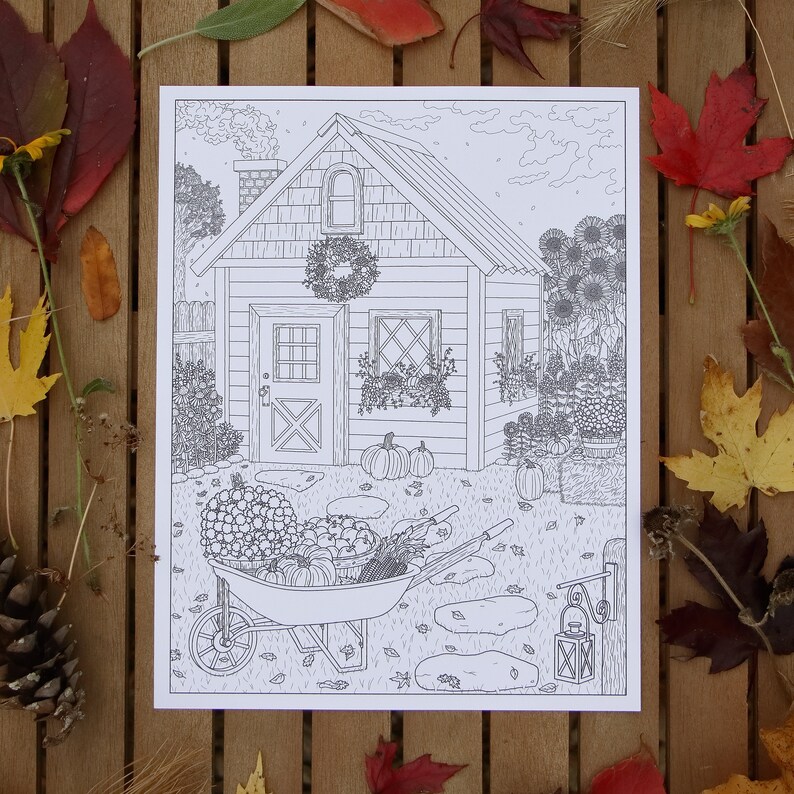 Autumn Cottage Printable Coloring Page image 1