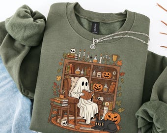 Retro Ghost Reading Sweatshirt | Fall book Tshirt | Cozy Autumn Readers Sweatshirt | Halloween Teacher Sweatshirt | Librarian Ghost
