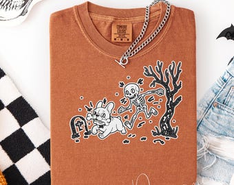 Comfort Colors Halloween Frenchie Bulldog Shirt, Halloween Frenchie Sweatshirt, Funny Skeleton Tee