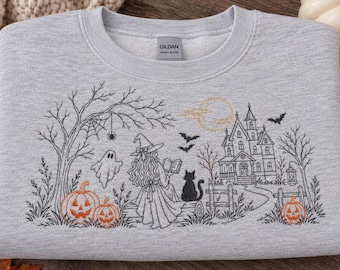 Embroidered Halloween Sweatshirt, Witch Line Art Embroidery, Spooky Bookish Crewneck, Reading Witch Haunted House Sweatshirt