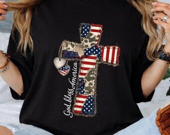 God Bless America Cross Shirt, Patriotic Christian Tee, American Flag Cross Shirt, Faith Based 4th of July Shirt, USA Christian Gift