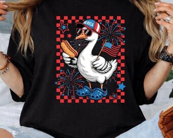Funny Patriotic Goose Shirt, America Goose T-Shirt, Fourth of July Shirt, Hot Dog Goose Tee, USA Independence Day Shirt