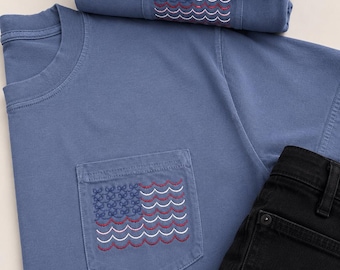 Embroidered Patriotic Pocket T-Shirt, American Flag Pocket Tee, USA Embroidery Shirt, Fourth of July Comfort Colors Tee