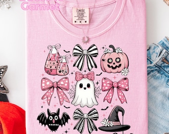 Comfort Colors Halloween Shirt, Halloween Spooky Shirt, Pink Bow Girly Halloween Tee, Cute Ghost Shirt, Halloween Gift