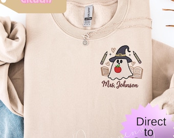 Teacher Personalized Ghost Shirt / Embroidered Halloween Sweatshirt / Cute Halloween Shirt / Comfort Colors Tee / Spooky Teacher Shirt