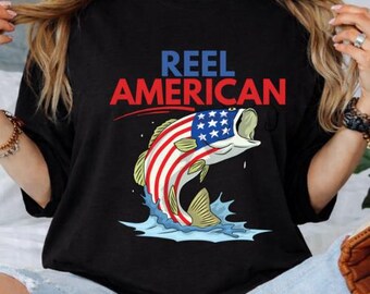 Reel American Shirt, Funny Fishing 4th of July Tee, Patriotic Fisherman Shirt, American Flag Bass Fishing Shirt, USA Fishing Tee