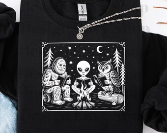 Bigfoot Alien Owl Reading Shirt, Cryptid Book Lover Shirt, Sasquatch Reading Tee, Spooky Reader Shirt, Cottagecore Book Shirt