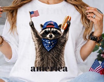 Patriotic Raccoon Shirt, America Raccoon Tee, Funny 4th of July Shirt, Hot Dog Raccoon Shirt, USA Animal Graphic Tee