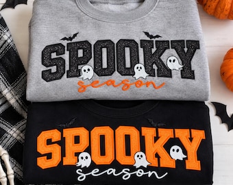 Spooky Season Applique Sweatshirt, Embroidered Halloween Shirt,  Glitter Embroidered Crewneck