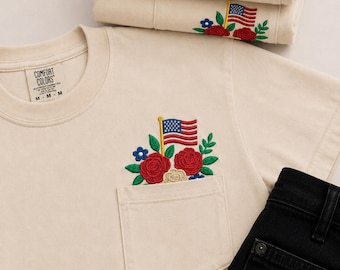 Patriotic Floral Pocket T-Shirt, Embroidered American Flag Shirt, Comfort Colors Pocket Tee, USA Summer Shirt, Americana