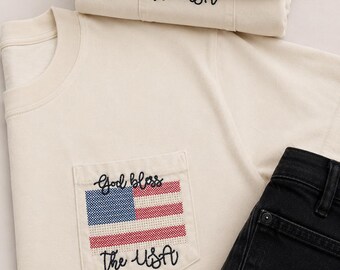 God Bless The USA Embroidered Pocket Shirt, Patriotic Comfort Colors Tee, American Flag Pocket T-Shirt, Fourth of July
