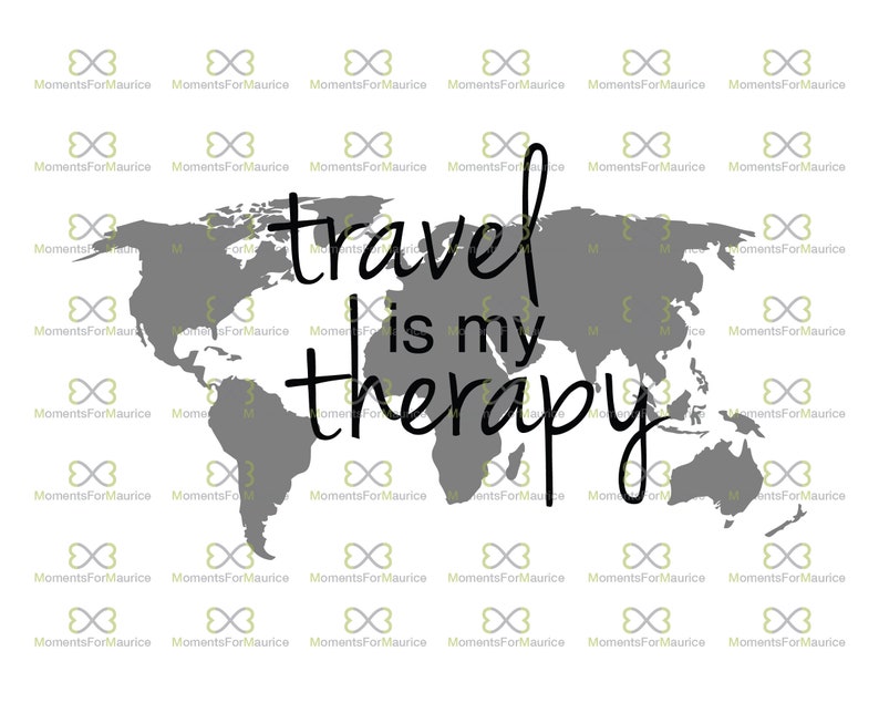 May include: A gray world map with the text "travel is my therapy" in black cursive writing.