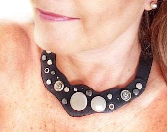 Studded Leather Choker: Punk Rocker Bib Necklace