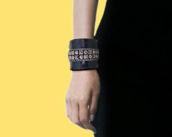 Wide Studded Leather Bracelet: Crocodile Embossed Punk Rock Cuff