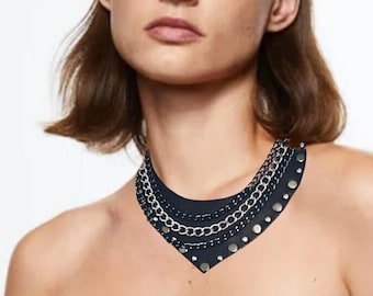 Layered chain choker necklace in genuine leather/ Black studded leather choker w chains / Edgy bib necklace / Punk Rock choker / Statement